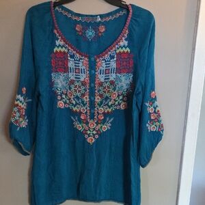 Johnny Was Teal Tunic with Multicolor Floral Embroidery